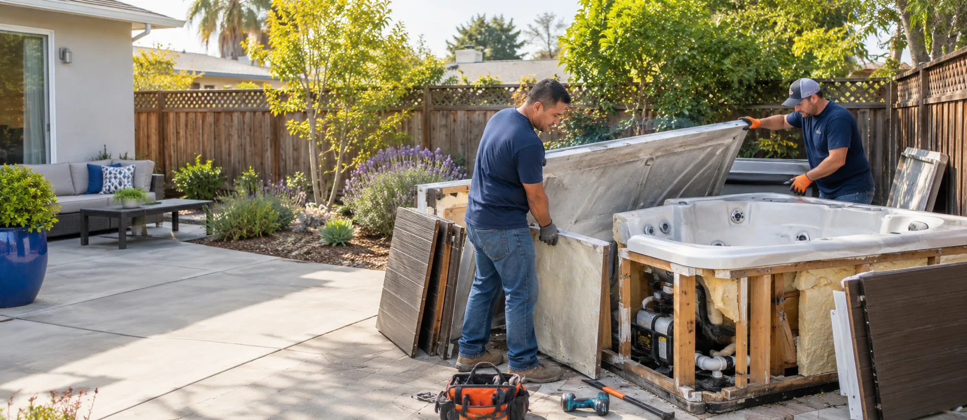 Workers removing exterior panels from a drained backyard hot tub